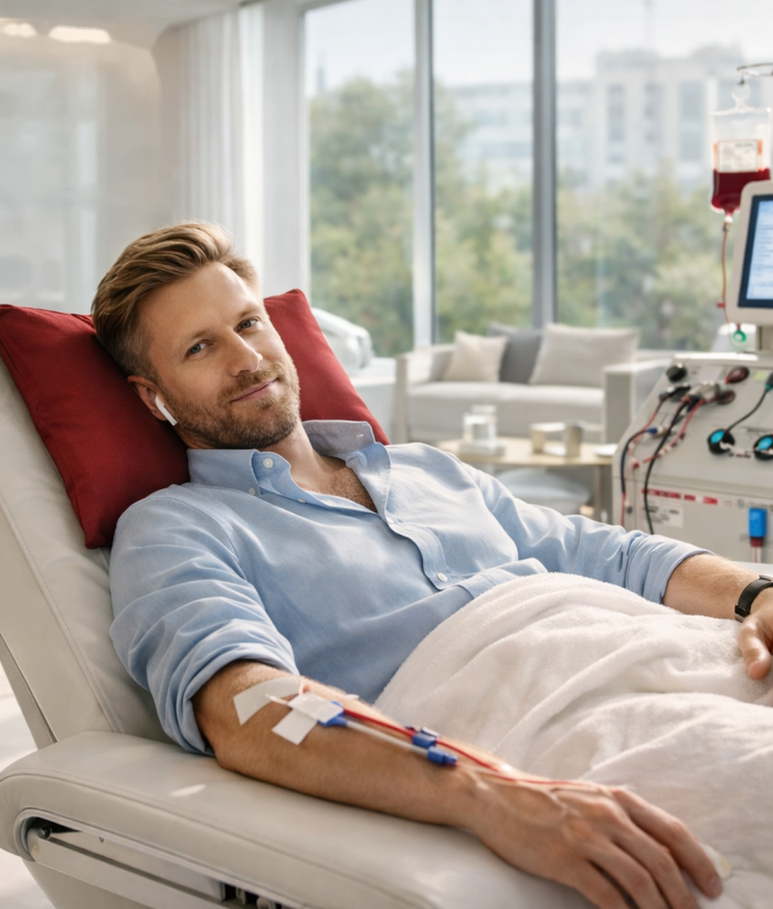 Patient während einer medizinisch begleiteten Apherese in Mallorca